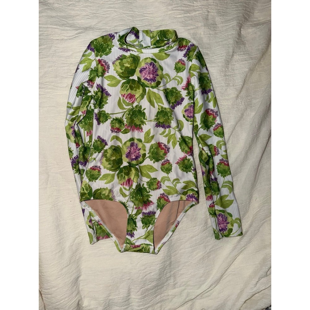 Mott50 Mila Long Sleeve One-Piece Swimsuit in a green violetta floral print 6-7